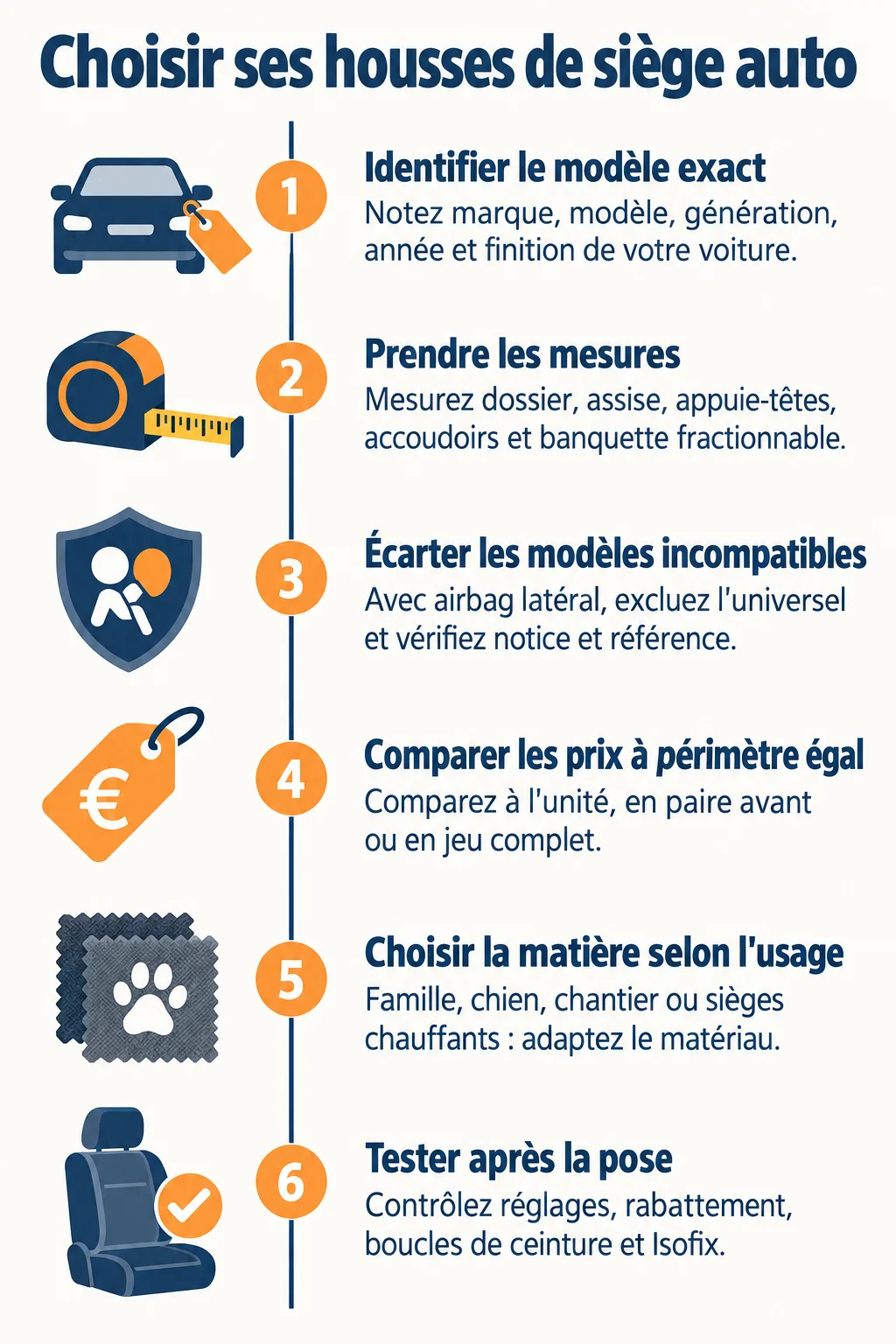 Choisir ses housses de siège auto : 1. Identifier le modèle exact, 2. Prendre les mesures, 3. Écarter les modèles incompatibles, 4. Comparer les prix à périmètre égal, 5. Choisir la matière selon l'usage, 6. Tester après la pose