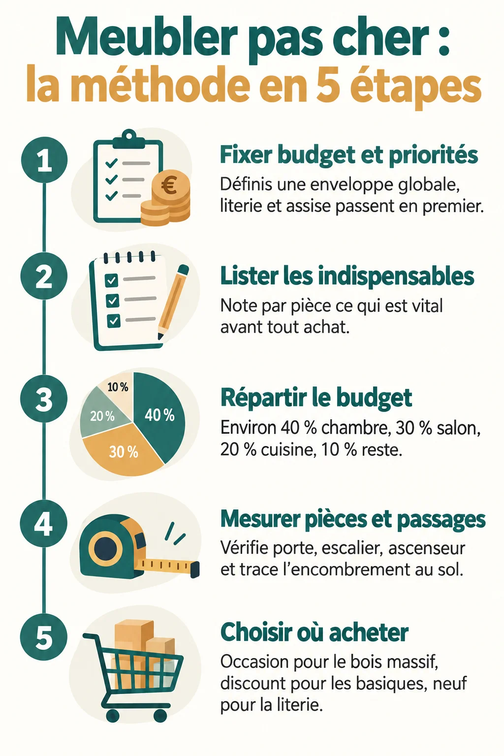 Meubler pas cher : la méthode en 5 étapes : 1. Fixer budget et priorités, 2. Lister les indispensables, 3. Répartir le budget, 4. Mesurer pièces et passages, 5. Choisir où acheter