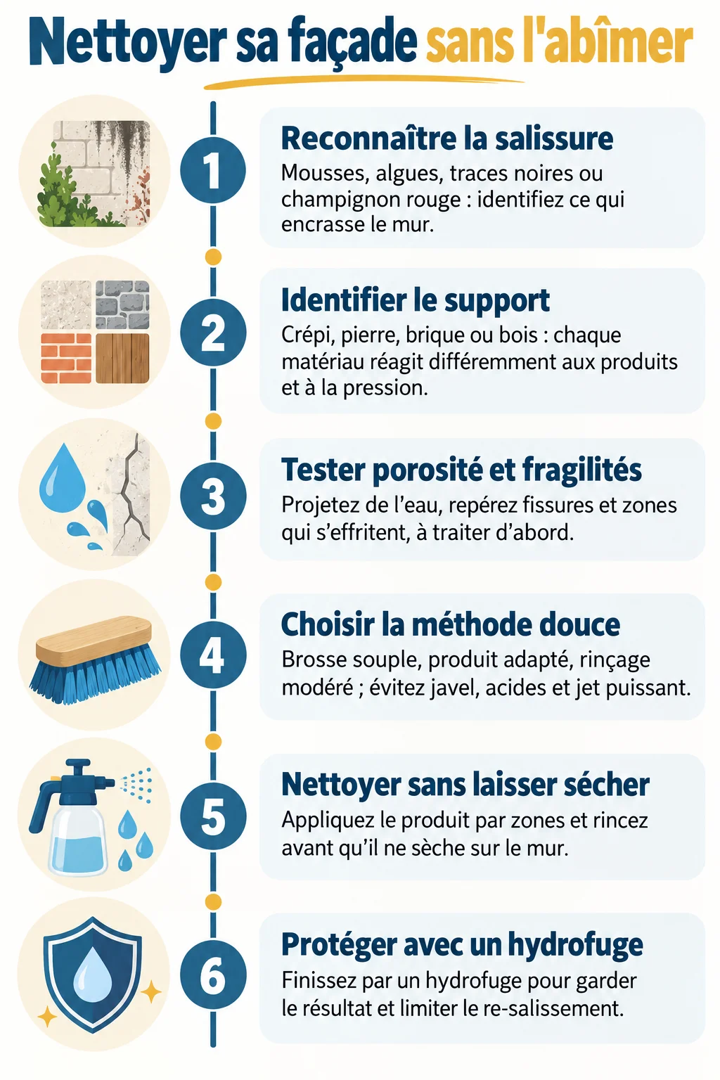 Nettoyer sa façade sans l'abîmer : 1. Reconnaître la salissure, 2. Identifier le support, 3. Tester porosité et fragilités, 4. Choisir la méthode douce, 5. Nettoyer sans laisser sécher, 6. Protéger avec un hydrofuge