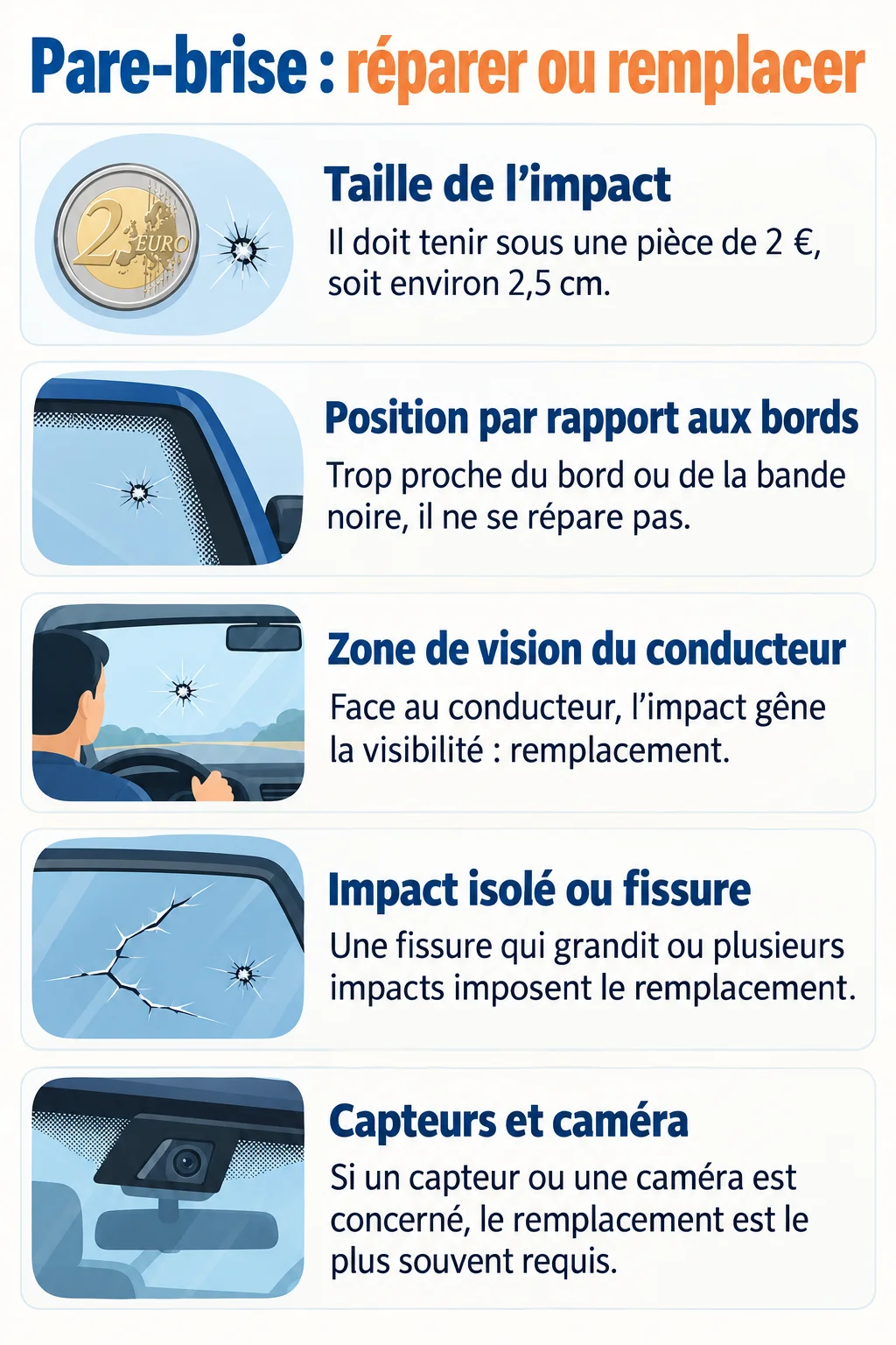 Pare-brise : réparer ou remplacer : Taille de l'impact, Position par rapport aux bords, Zone de vision du conducteur, Impact isolé ou fissure, Capteurs et caméra