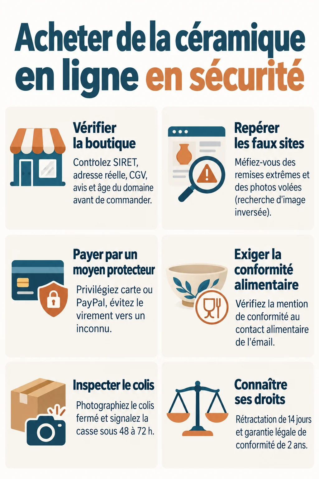 Acheter de la céramique en ligne en sécurité : Vérifier la boutique, Repérer les faux sites, Payer par un moyen protecteur, Exiger la conformité alimentaire, Inspecter le colis, Connaître ses droits