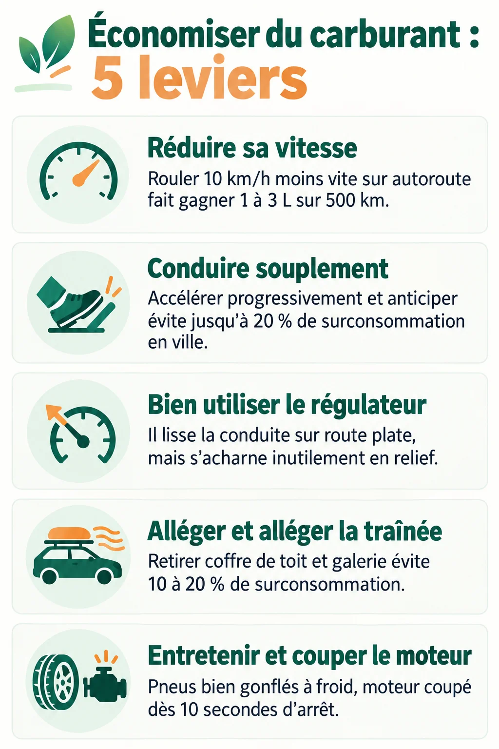 Économiser du carburant : 5 leviers : Réduire sa vitesse, Conduire souplement, Bien utiliser le régulateur, Alléger et alléger la traînée, Entretenir et couper le moteur