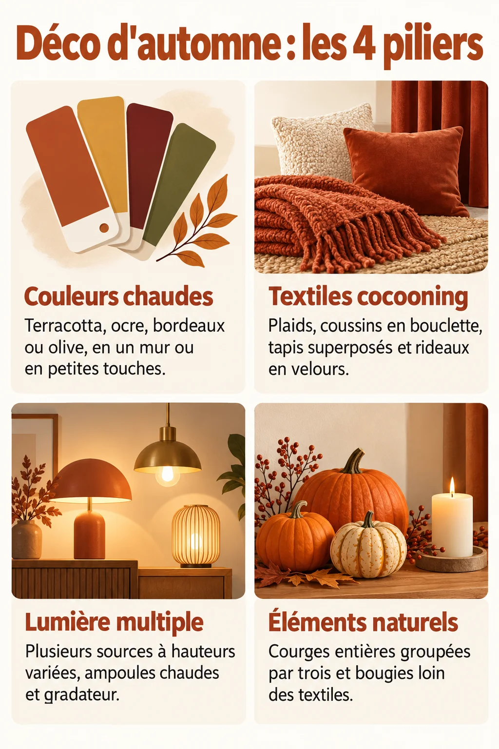 Déco d'automne : les 4 piliers : Couleurs chaudes, Textiles cocooning, Lumière multiple, Éléments naturels