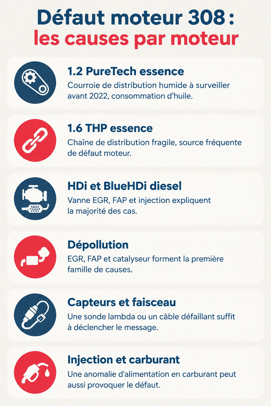 Défaut moteur 308 : les causes par moteur : 1.2 PureTech essence, 1.6 THP essence, HDi et BlueHDi diesel, Dépollution, Capteurs et faisceau, Injection et carburant