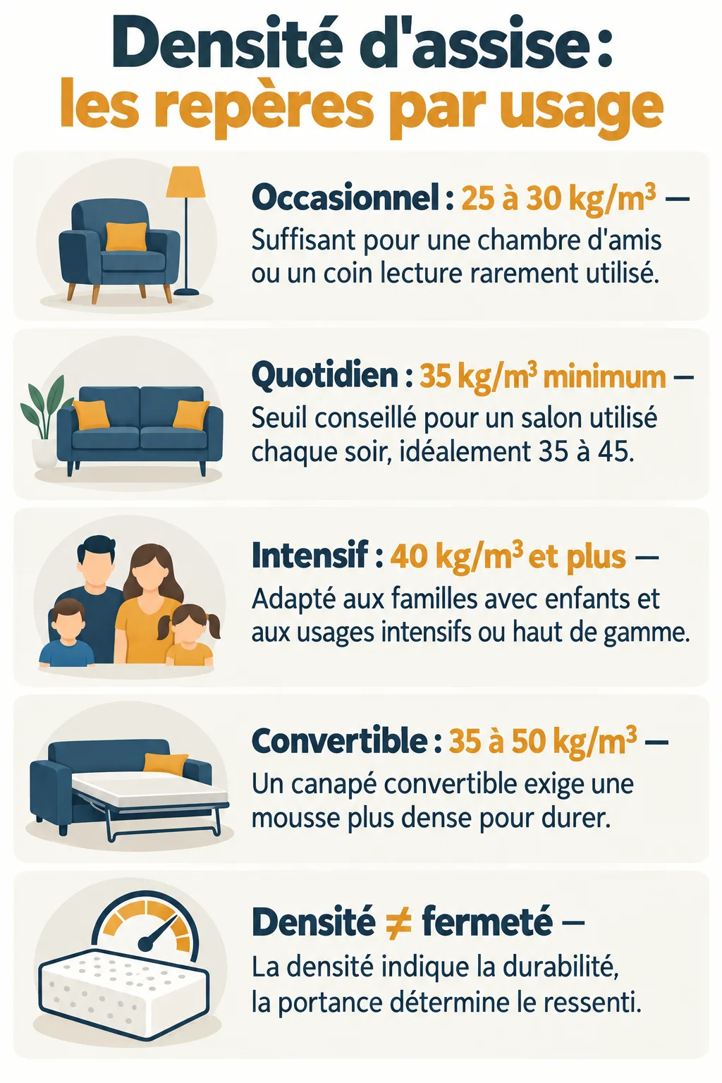 Densité d'assise : les repères par usage : Occasionnel : 25 à 30 kg/m³, Quotidien : 35 kg/m³ minimum, Intensif : 40 kg/m³ et plus, Convertible : 35 à 50 kg/m³, Densité ≠ fermeté