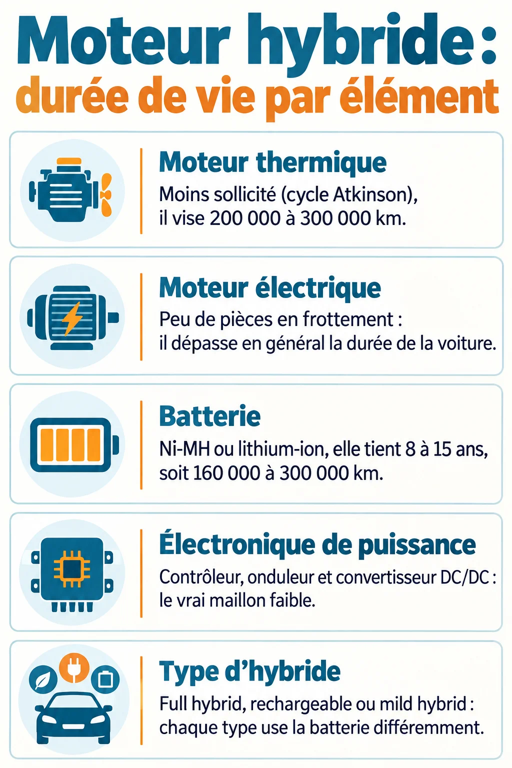 Moteur hybride : durée de vie par élément : Moteur thermique, Moteur électrique, Batterie, Électronique de puissance, Type d'hybride