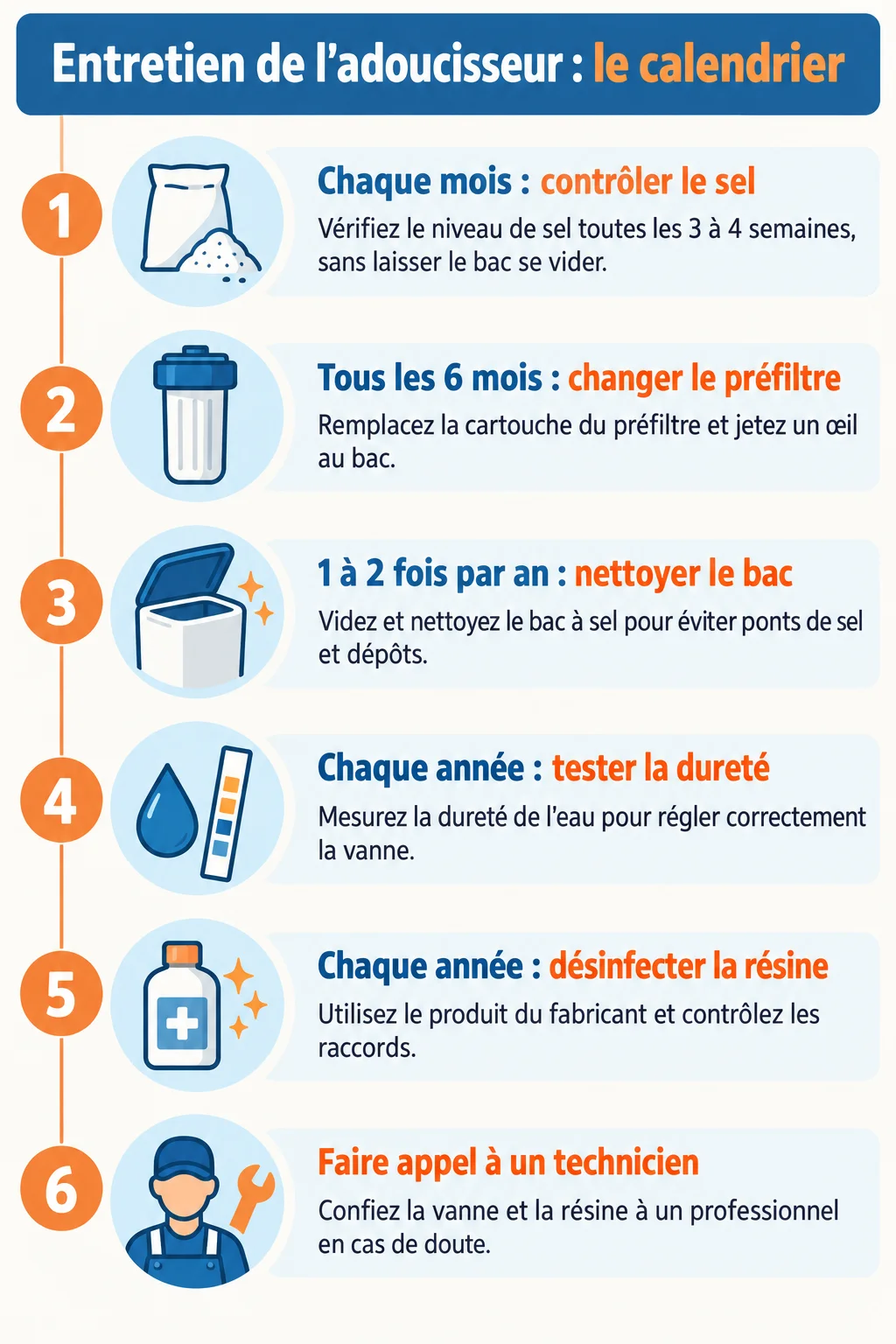 Entretien de l'adoucisseur : le calendrier : 1. Chaque mois : contrôler le sel, 2. Tous les 6 mois : changer le préfiltre, 3. 1 à 2 fois par an : nettoyer le bac, 4. Chaque année : tester la dureté, 5. Chaque année : désinfecter la résine, 6. Faire appel à un technicien