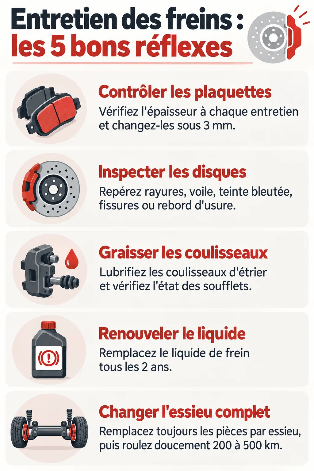 Entretien des freins : les 5 bons réflexes : Contrôler les plaquettes, Inspecter les disques, Graisser les coulisseaux, Renouveler le liquide, Changer l'essieu complet