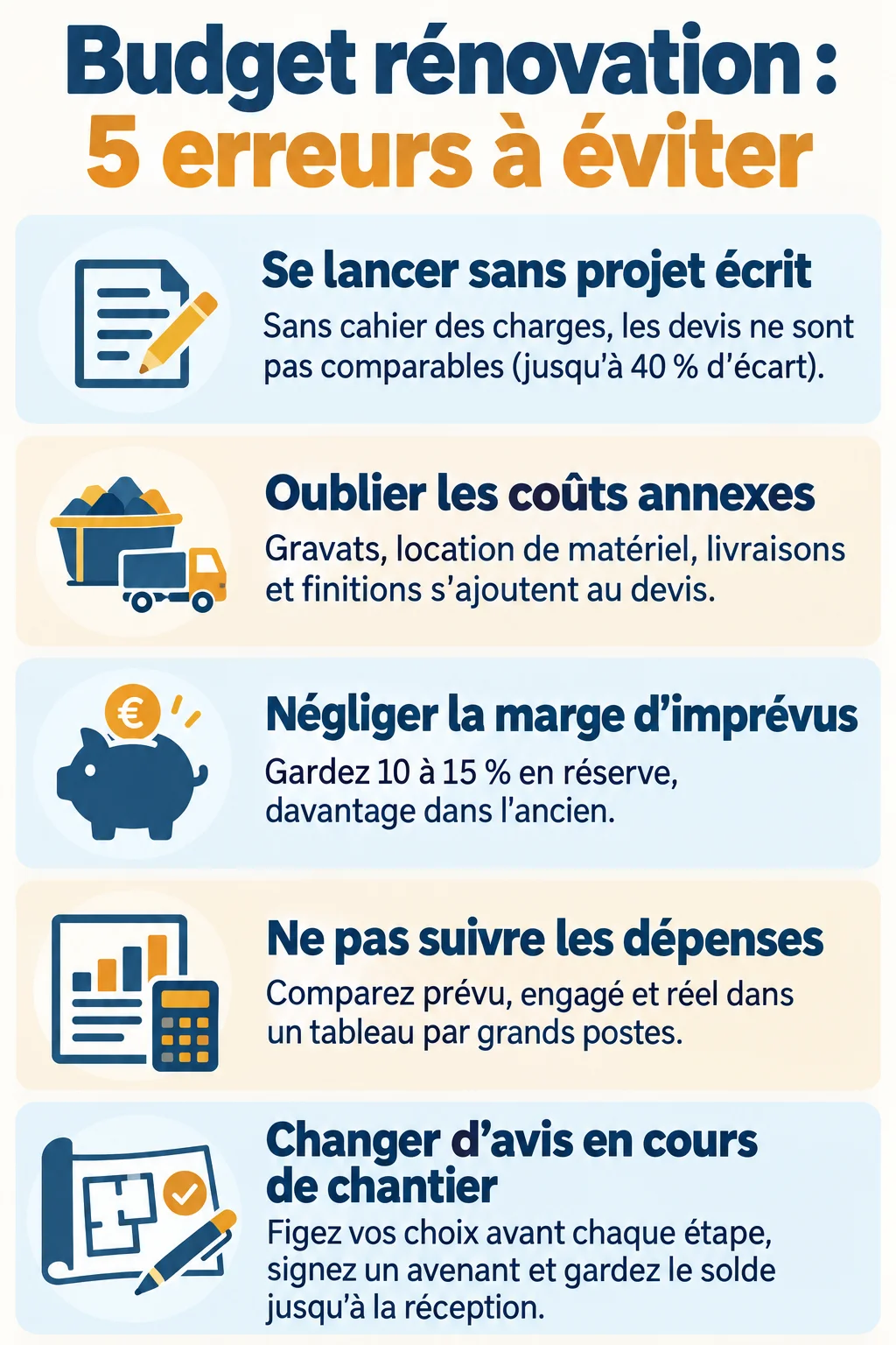 Budget rénovation : 5 erreurs à éviter : Se lancer sans projet écrit, Oublier les coûts annexes, Négliger la marge d'imprévus, Ne pas suivre les dépenses, Changer d'avis en cours de chantier