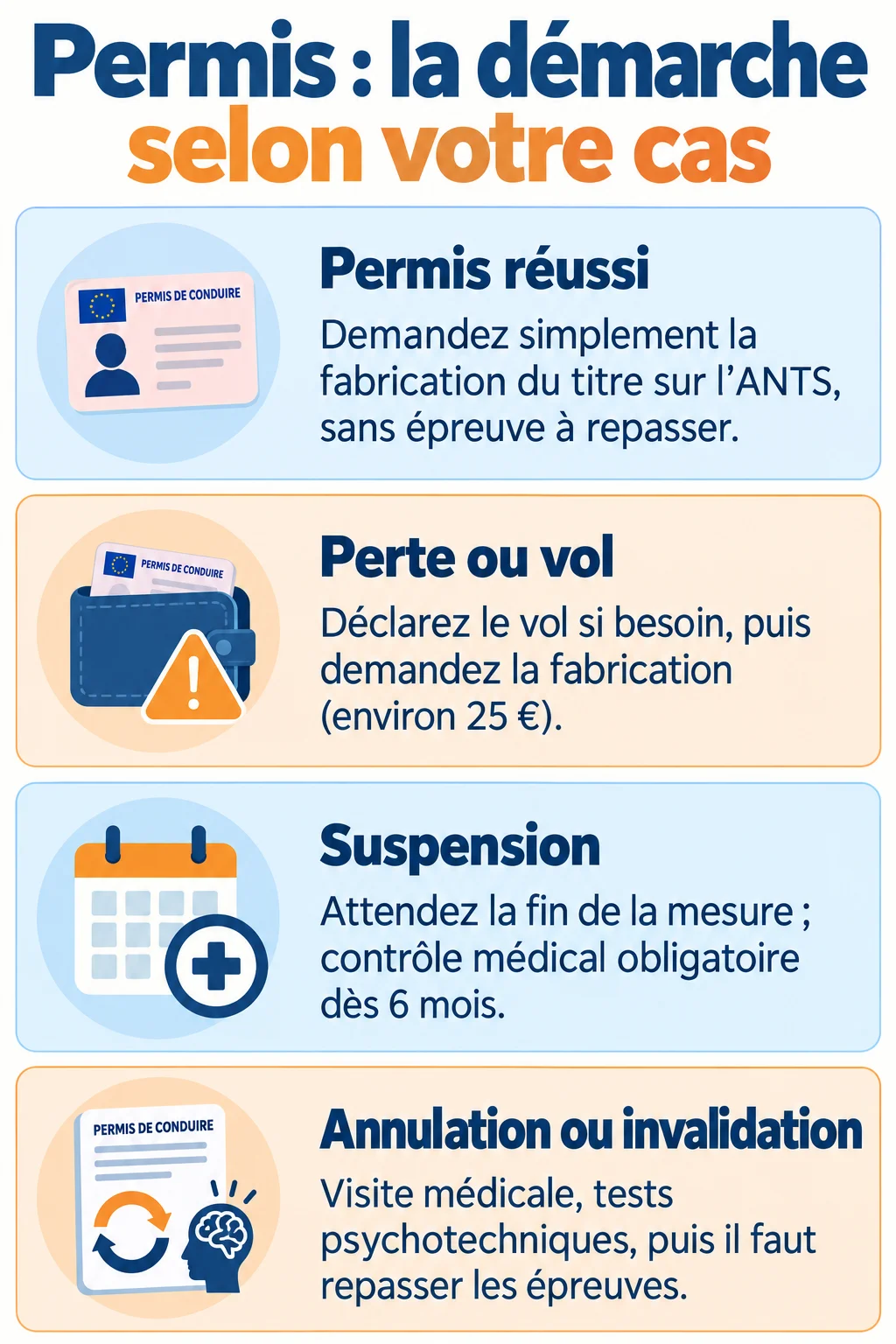 Permis : la démarche selon votre cas : Permis réussi, Perte ou vol, Suspension, Annulation ou invalidation