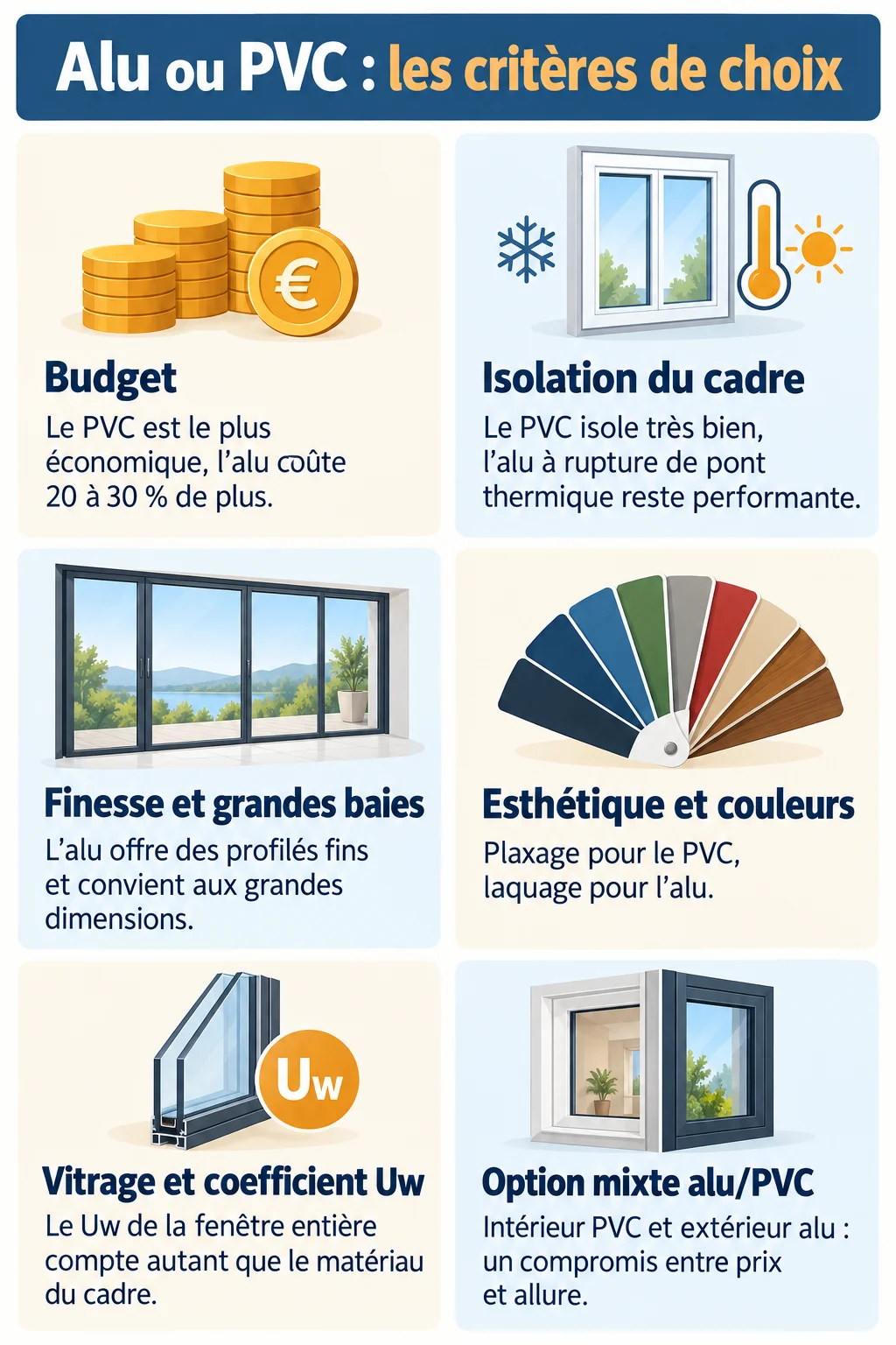 Alu ou PVC : les critères de choix : Budget, Isolation du cadre, Finesse et grandes baies, Esthétique et couleurs, Vitrage et coefficient Uw, Option mixte alu/PVC
