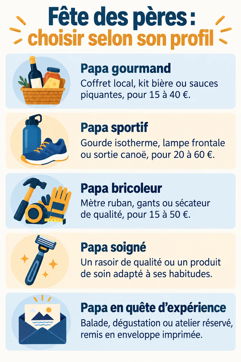 Fête des pères : choisir selon son profil : Papa gourmand, Papa sportif, Papa bricoleur, Papa soigné, Papa en quête d'expérience