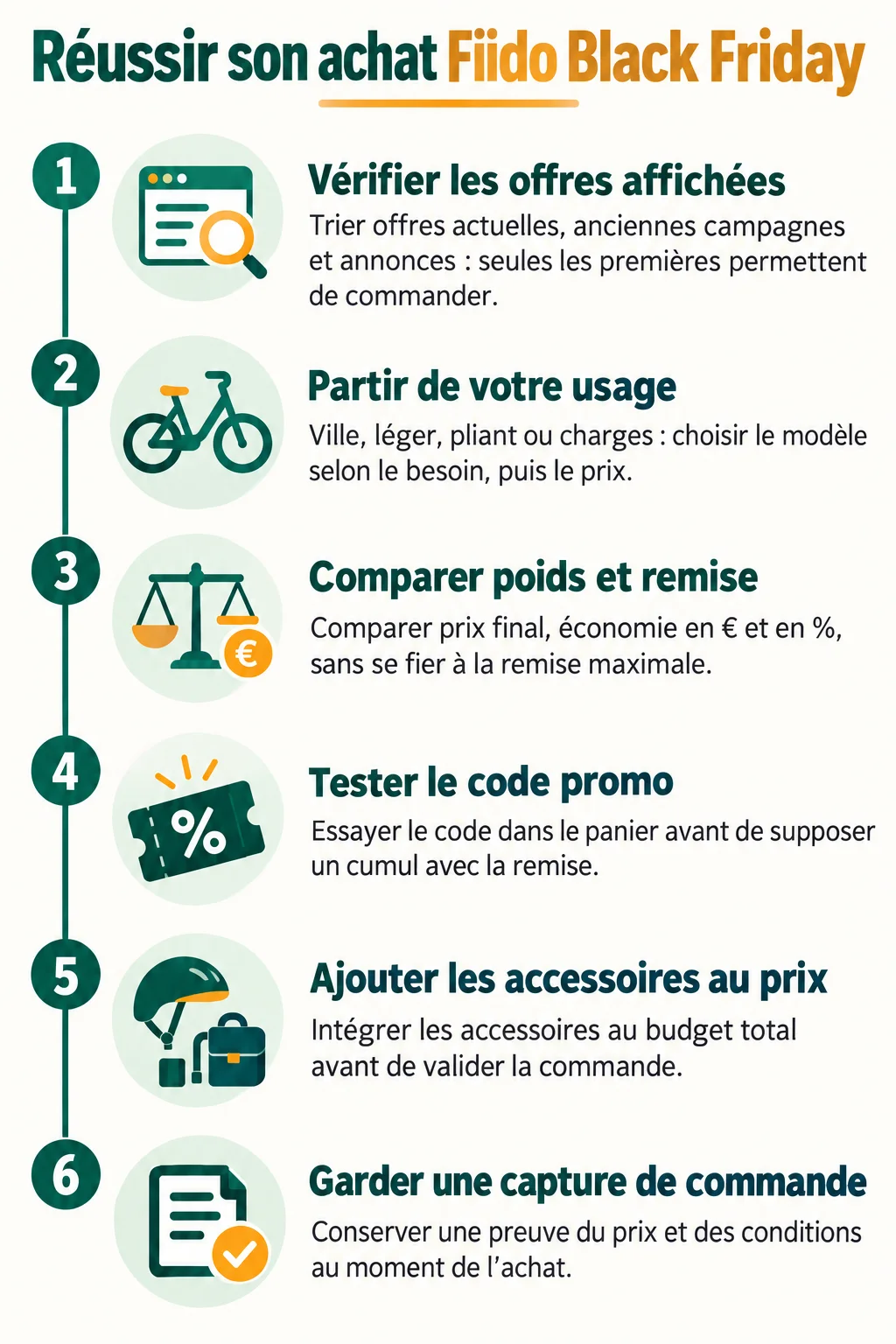 Réussir son achat Fiido Black Friday : 1. Vérifier les offres affichées, 2. Partir de votre usage, 3. Comparer poids et remise, 4. Tester le code promo, 5. Ajouter les accessoires au prix, 6. Garder une capture de commande