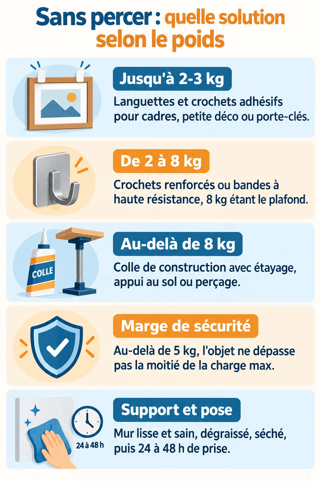 Sans percer : quelle solution selon le poids : Jusqu'à 2-3 kg, De 2 à 8 kg, Au-delà de 8 kg, Marge de sécurité, Support et pose