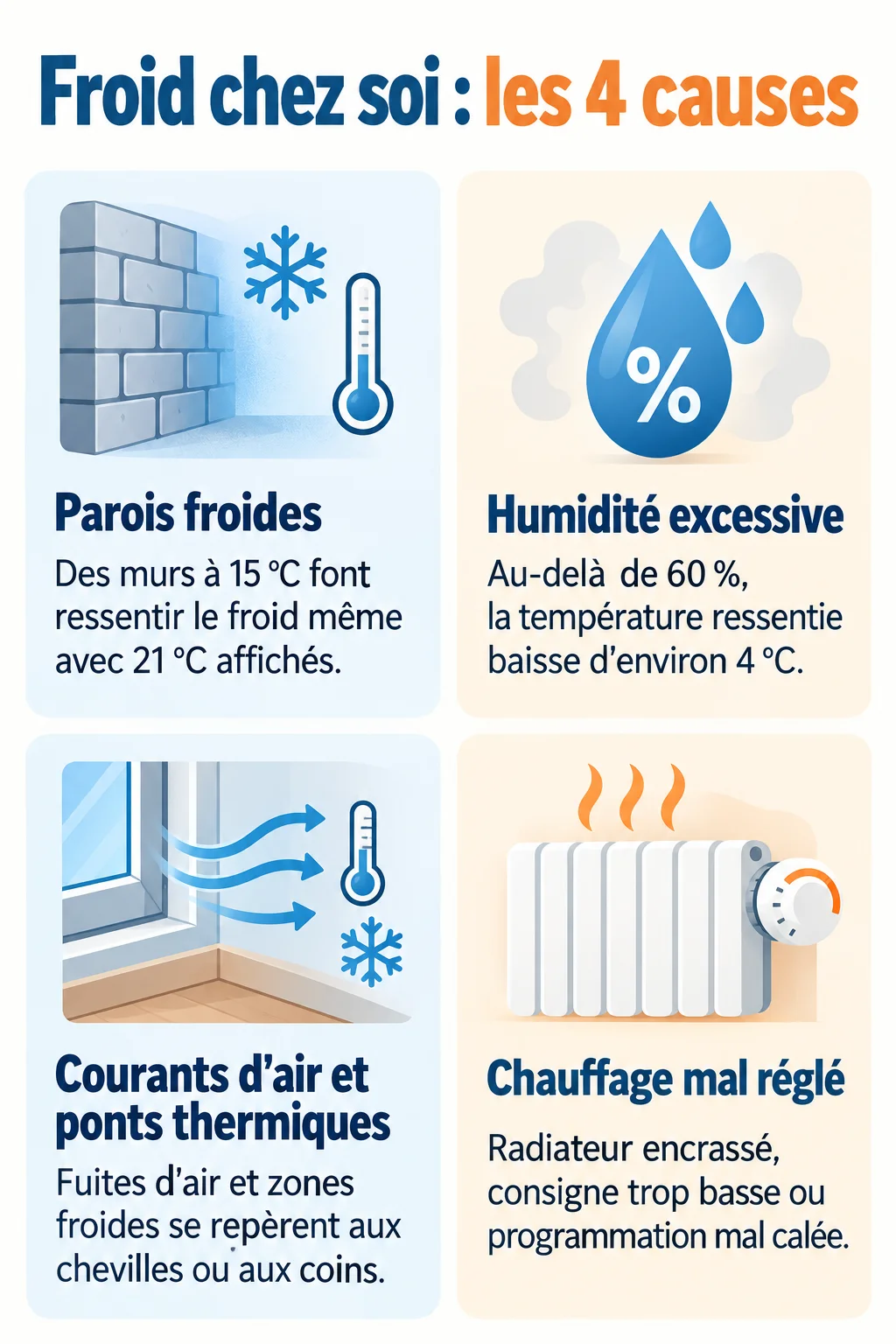 Froid chez soi : les 4 causes : Parois froides, Humidité excessive, Courants d'air et ponts thermiques, Chauffage mal réglé