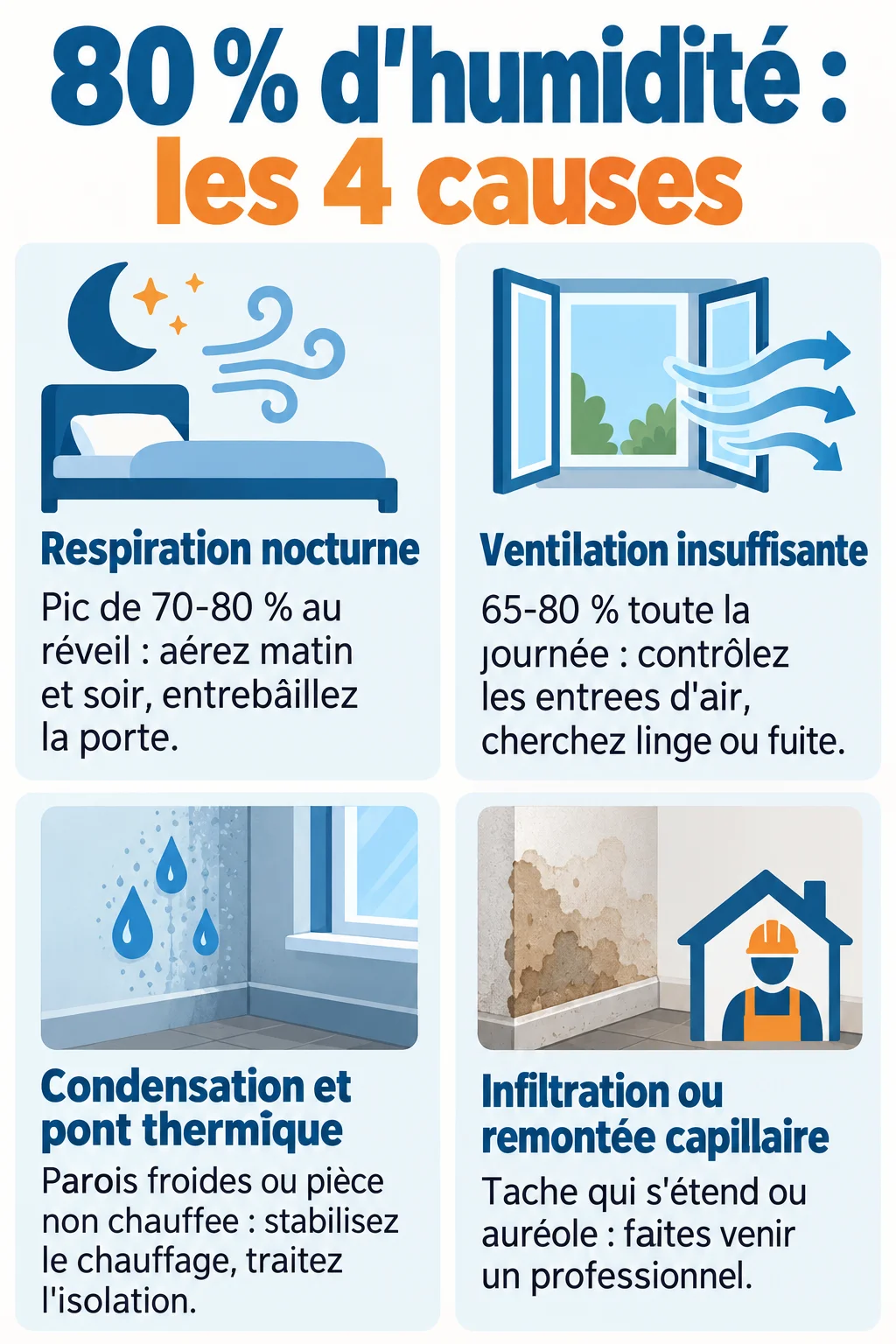 80 % d'humidité : les 4 causes : Respiration nocturne, Ventilation insuffisante, Condensation et pont thermique, Infiltration ou remontée capillaire
