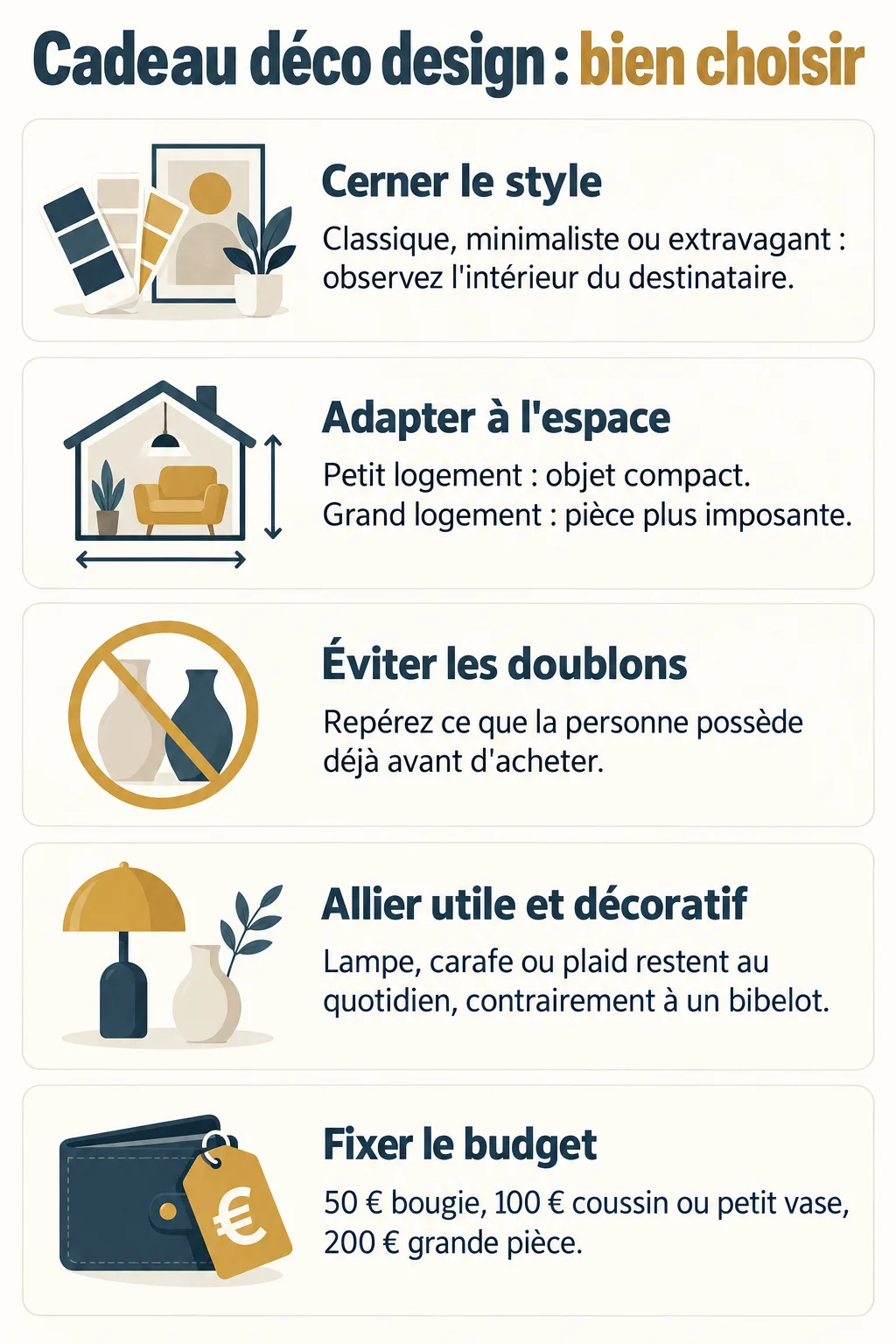 Cadeau déco design : bien choisir : Cerner le style, Adapter à l'espace, Éviter les doublons, Allier utile et décoratif, Fixer le budget