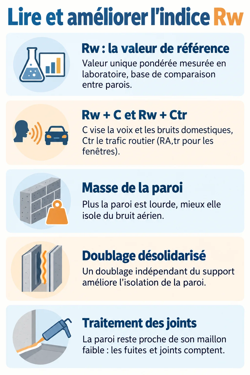 Lire et améliorer l'indice Rw : Rw : la valeur de référence, Rw + C et Rw + Ctr, Masse de la paroi, Doublage désolidarisé, Traitement des joints