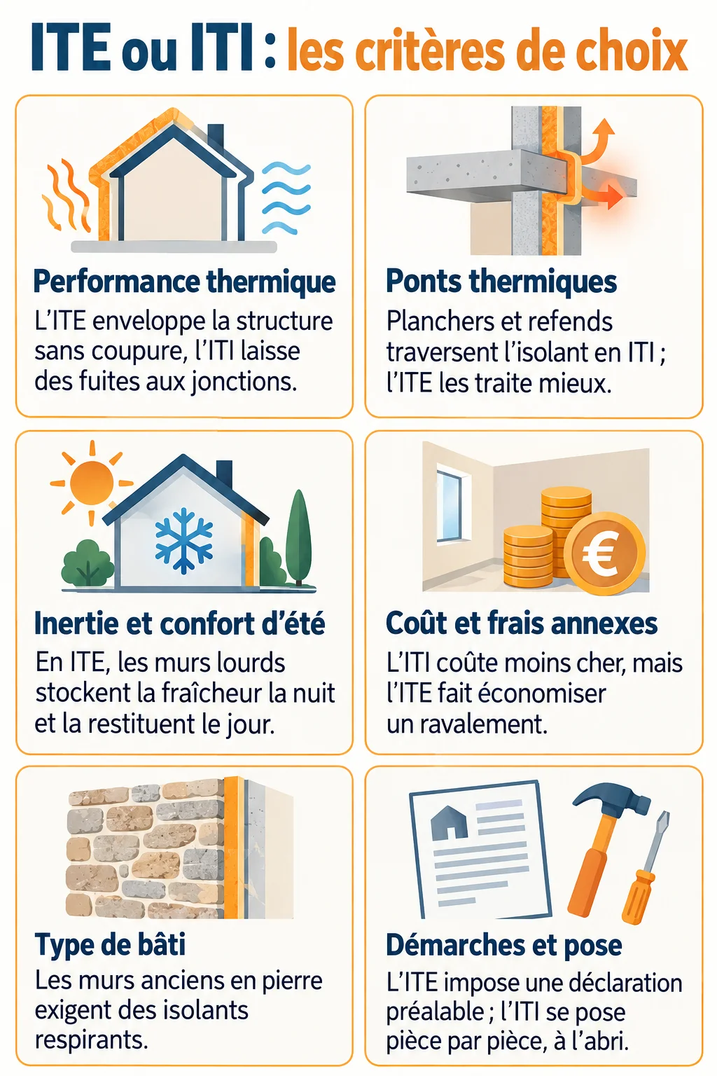 ITE ou ITI : les critères de choix : Performance thermique, Ponts thermiques, Inertie et confort d'été, Coût et frais annexes, Type de bâti, Démarches et pose