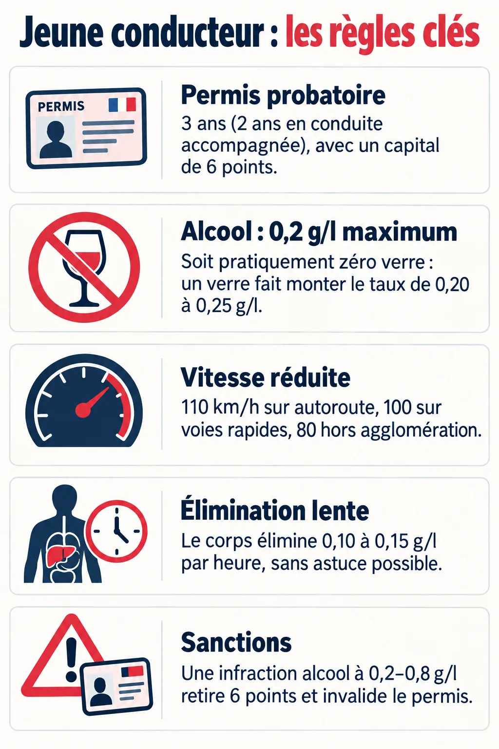 Jeune conducteur : les règles clés : Permis probatoire, Alcool : 0,2 g/l maximum, Vitesse réduite, Élimination lente, Sanctions