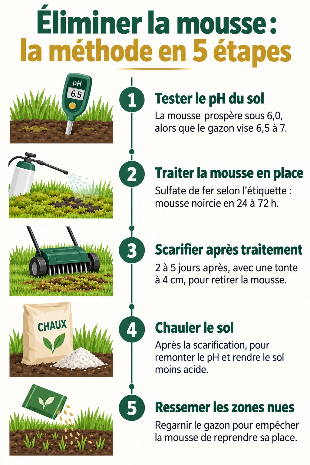 Éliminer la mousse : la méthode en 5 étapes : 1. Tester le pH du sol, 2. Traiter la mousse en place, 3. Scarifier après traitement, 4. Chauler le sol, 5. Ressemer les zones nues