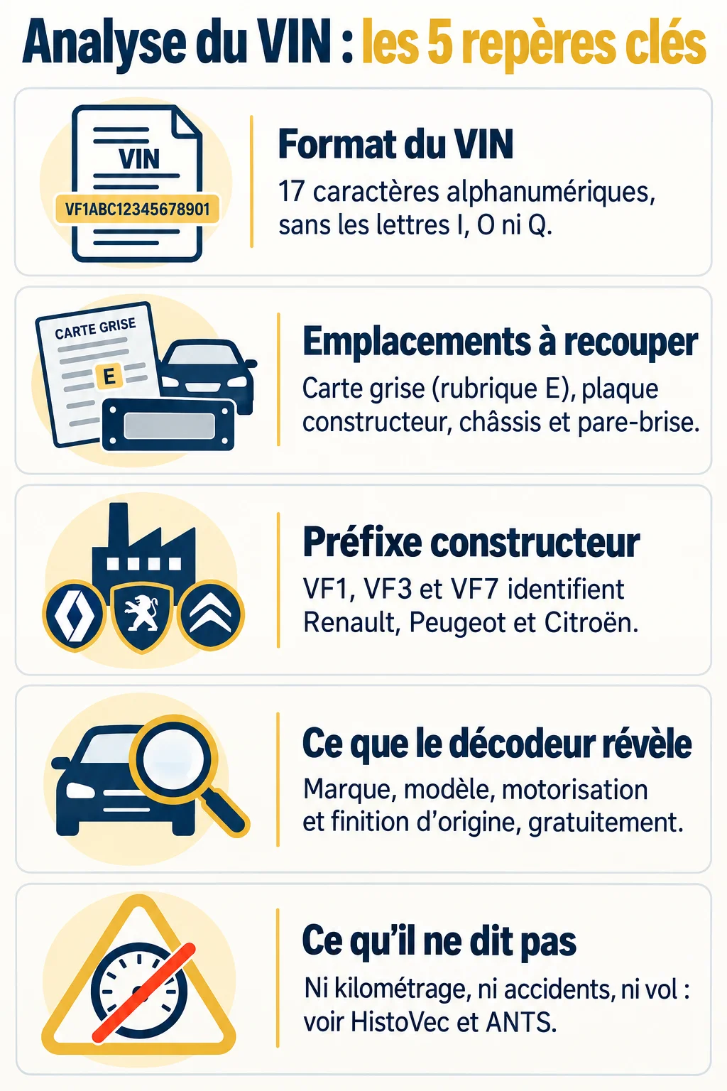 Analyse du VIN : les 5 repères clés : Format du VIN, Emplacements à recouper, Préfixe constructeur, Ce que le décodeur révèle, Ce qu'il ne dit pas