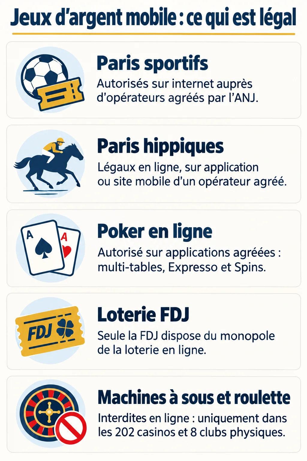 Jeux d'argent mobile : ce qui est légal : Paris sportifs, Paris hippiques, Poker en ligne, Loterie FDJ, Machines à sous et roulette