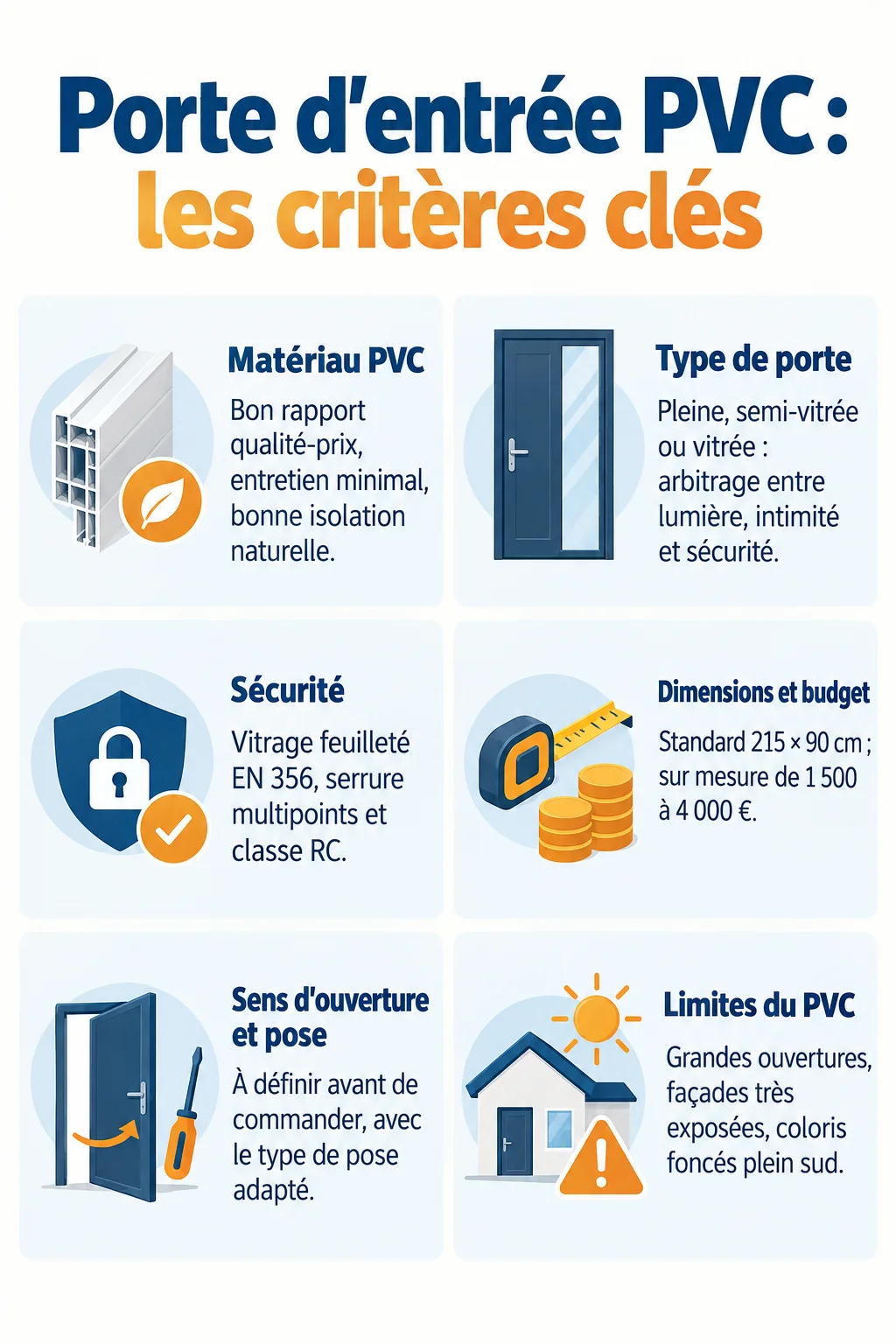 Porte d'entrée PVC : les critères clés : Matériau PVC, Type de porte, Sécurité, Dimensions et budget, Sens d'ouverture et pose, Limites du PVC