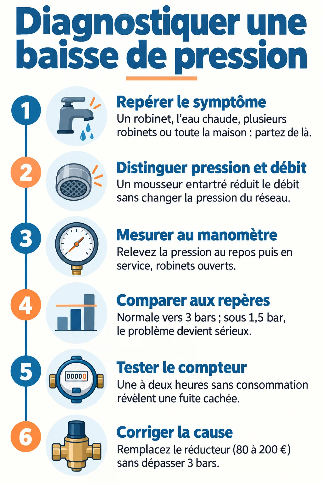 Diagnostiquer une baisse de pression : 1. Repérer le symptôme, 2. Distinguer pression et débit, 3. Mesurer au manomètre, 4. Comparer aux repères, 5. Tester le compteur, 6. Corriger la cause
