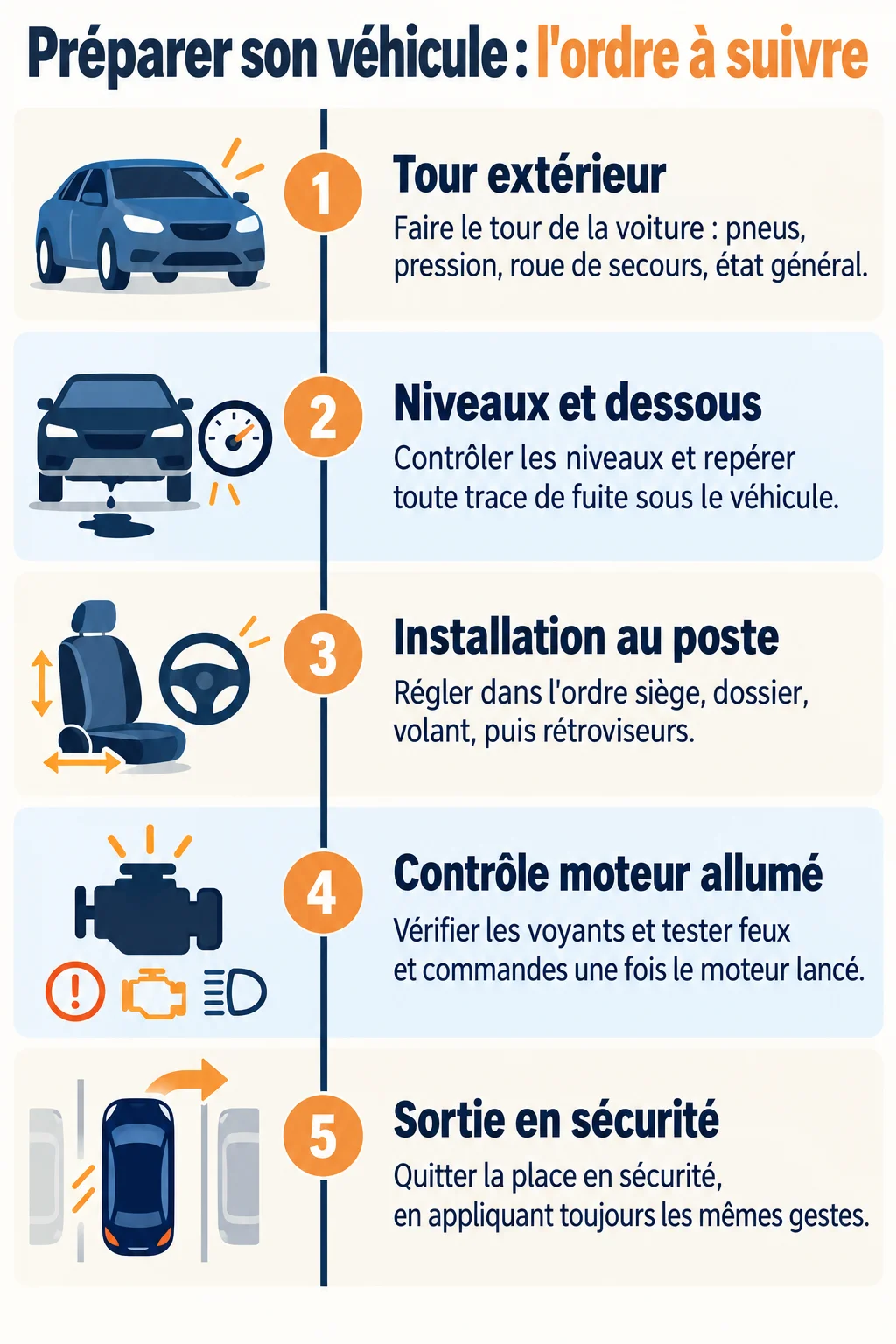 Préparer son véhicule : l'ordre à suivre : 1. Tour extérieur, 2. Niveaux et dessous, 3. Installation au poste, 4. Contrôle moteur allumé, 5. Sortie en sécurité