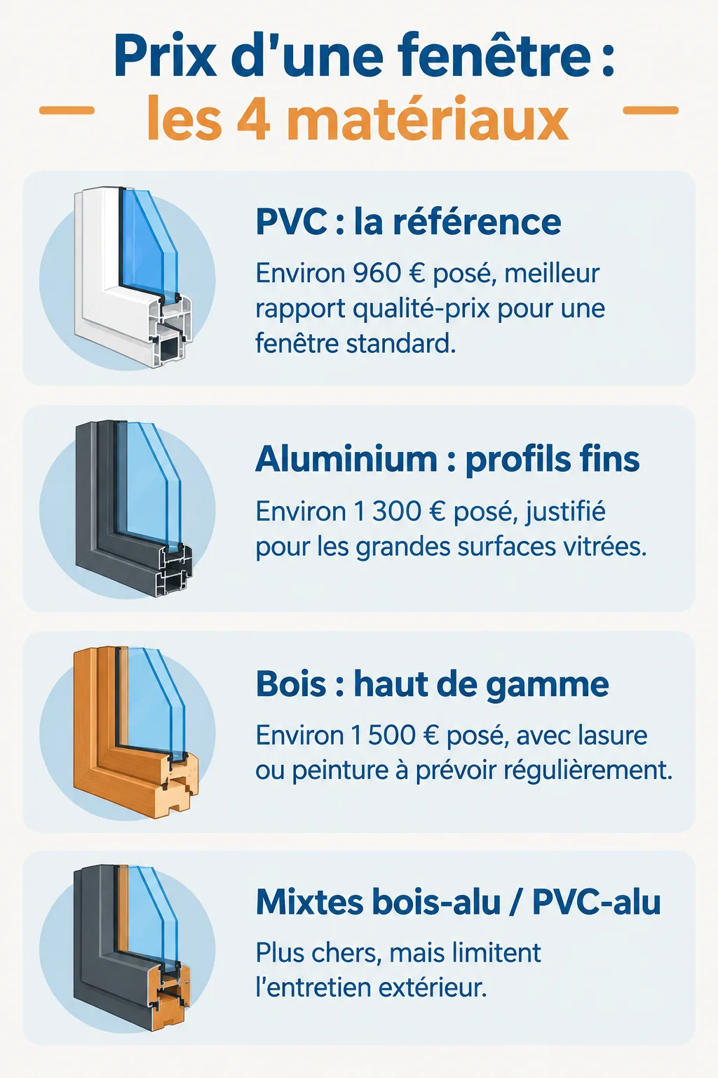 Prix d'une fenêtre : les 4 matériaux : PVC : la référence, Aluminium : profils fins, Bois : haut de gamme, Mixtes bois-alu / PVC-alu