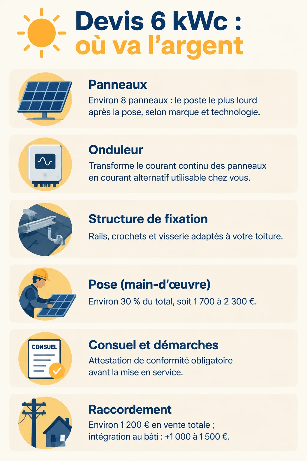 Devis 6 kWc : où va l'argent : Panneaux, Onduleur, Structure de fixation, Pose (main-d'œuvre), Consuel et démarches, Raccordement