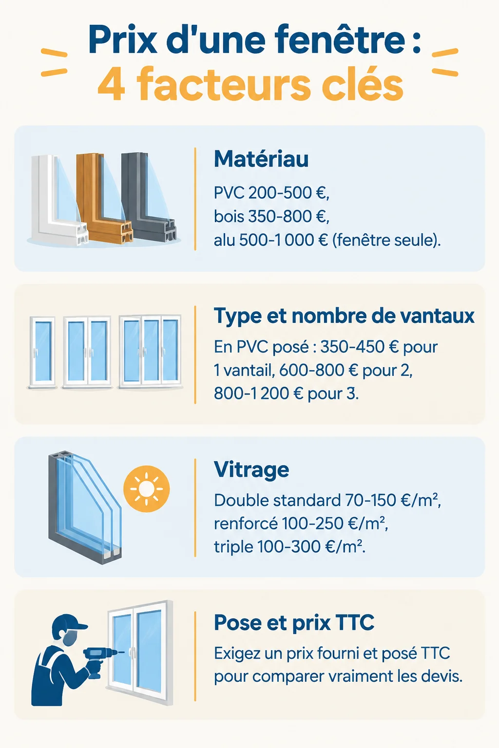 Prix d'une fenêtre : 4 facteurs clés : Matériau, Type et nombre de vantaux, Vitrage, Pose et prix TTC