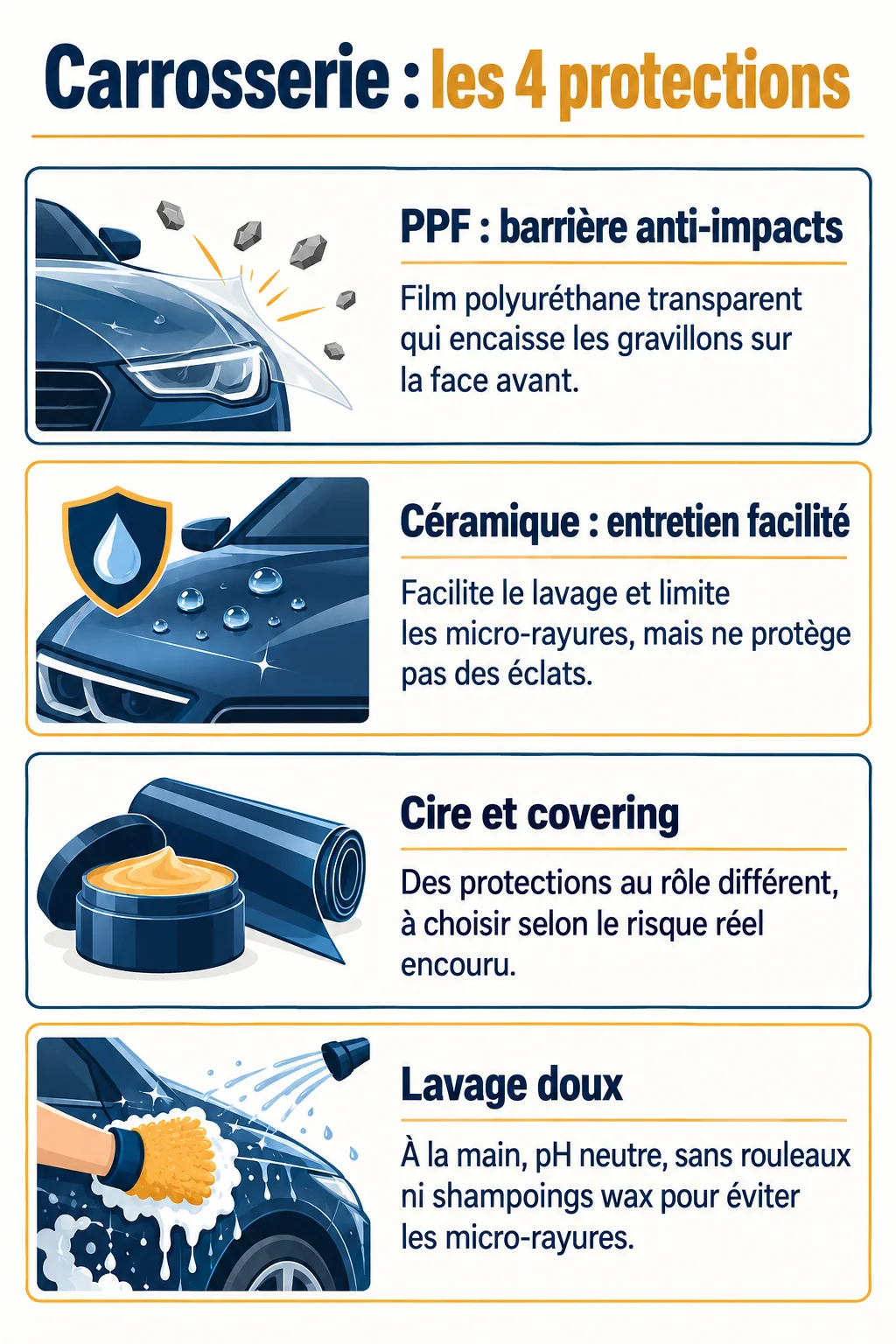 Carrosserie : les 4 protections : PPF : barrière anti-impacts, Céramique : entretien facilité, Cire et covering, Lavage doux