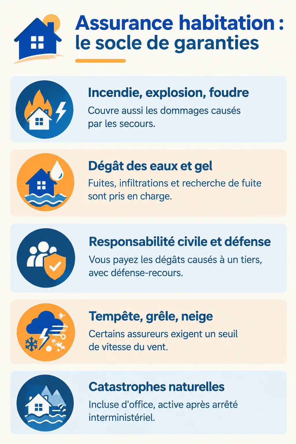 Assurance habitation : le socle de garanties : Incendie, explosion, foudre, Dégât des eaux et gel, Responsabilité civile et défense, Tempête, grêle, neige, Catastrophes naturelles