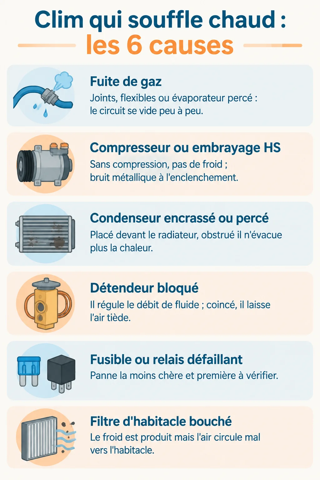 Clim qui souffle chaud : les 6 causes : Fuite de gaz, Compresseur ou embrayage HS, Condenseur encrassé ou percé, Détendeur bloqué, Fusible ou relais défaillant, Filtre d'habitacle bouché