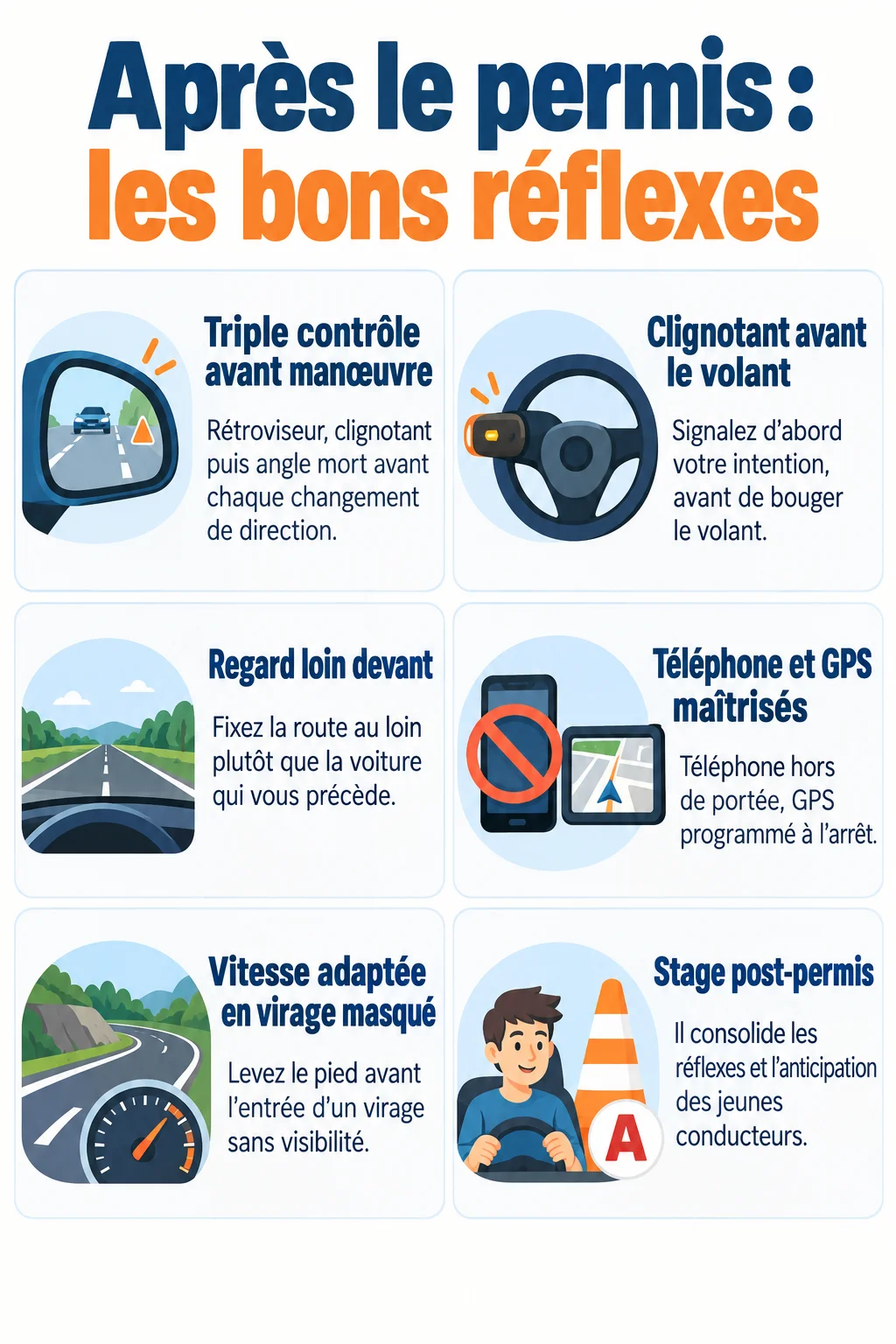 Après le permis : les bons réflexes : Triple contrôle avant manœuvre, Clignotant avant le volant, Regard loin devant, Téléphone et GPS maîtrisés, Vitesse adaptée en virage masqué, Stage post-permis