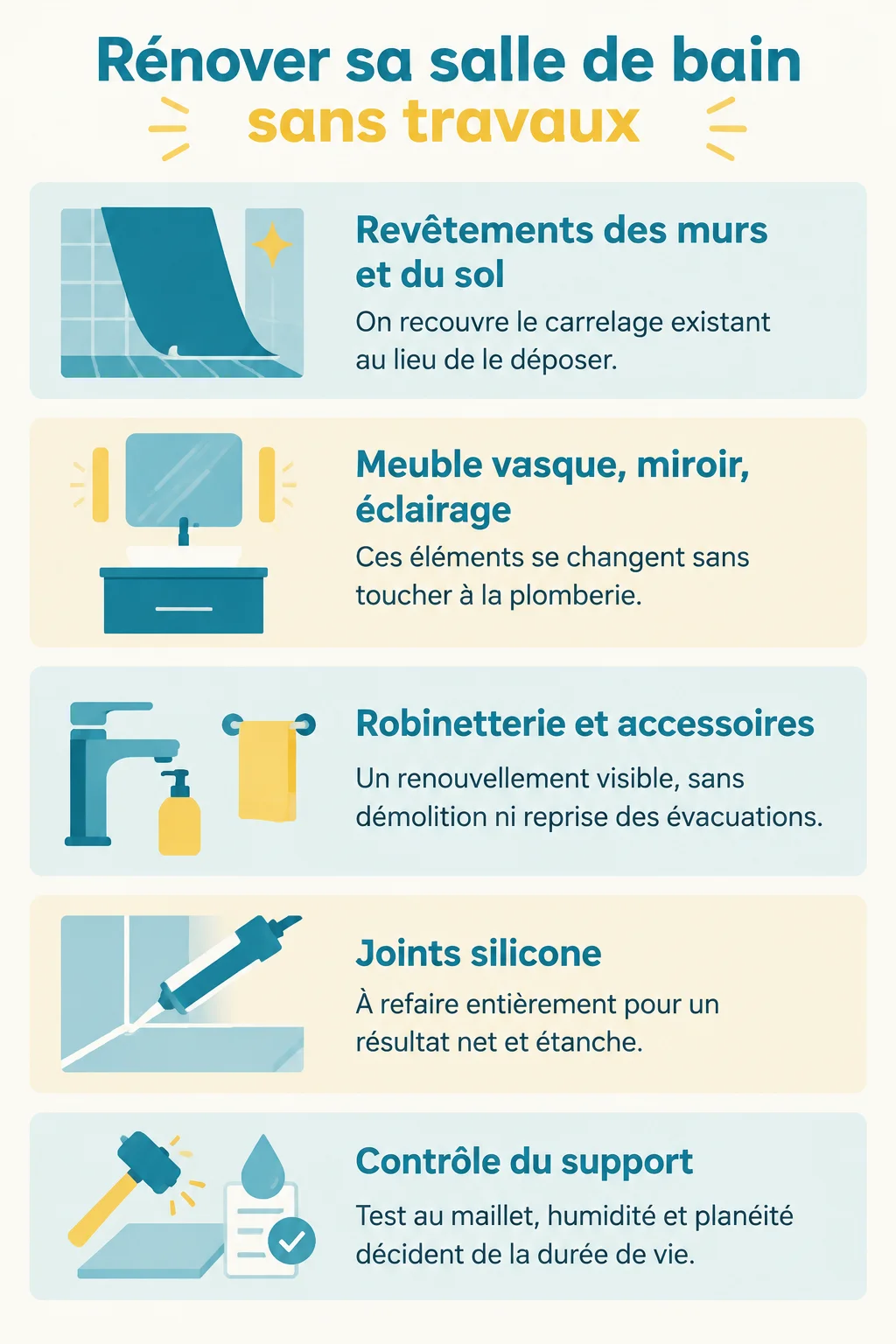 Rénover sa salle de bain sans travaux : Revêtements des murs et du sol, Meuble vasque, miroir, éclairage, Robinetterie et accessoires, Joints silicone, Contrôle du support