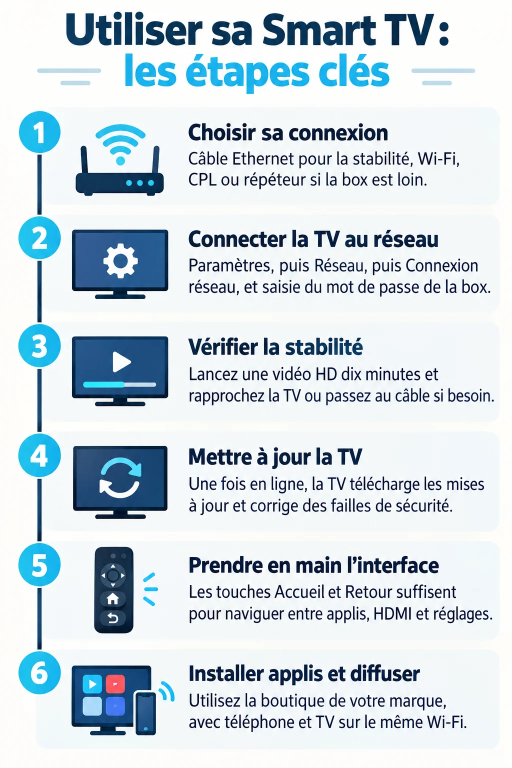 Utiliser sa Smart TV : les étapes clés : 1. Choisir sa connexion, 2. Connecter la TV au réseau, 3. Vérifier la stabilité, 4. Mettre à jour la TV, 5. Prendre en main l'interface, 6. Installer applis et diffuser