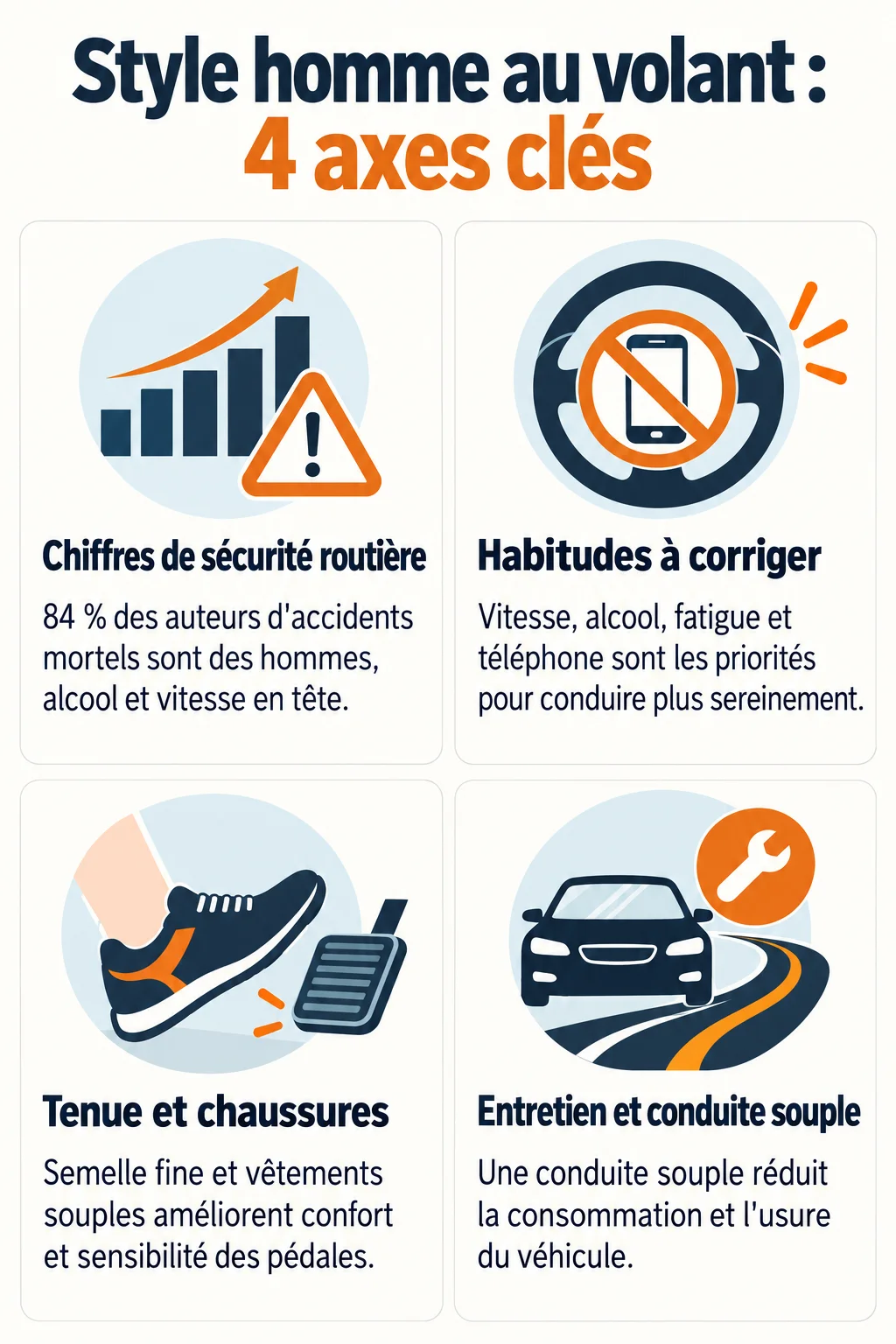 Style homme au volant : 4 axes clés : Chiffres de sécurité routière, Habitudes à corriger, Tenue et chaussures, Entretien et conduite souple