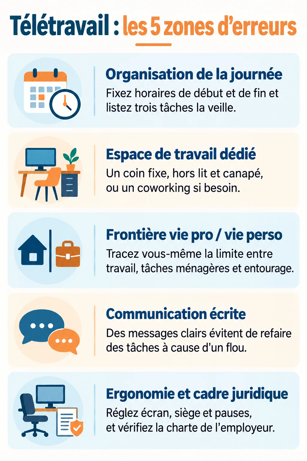 Télétravail : les 5 zones d'erreurs : Organisation de la journée, Espace de travail dédié, Frontière vie pro / vie perso, Communication écrite, Ergonomie et cadre juridique