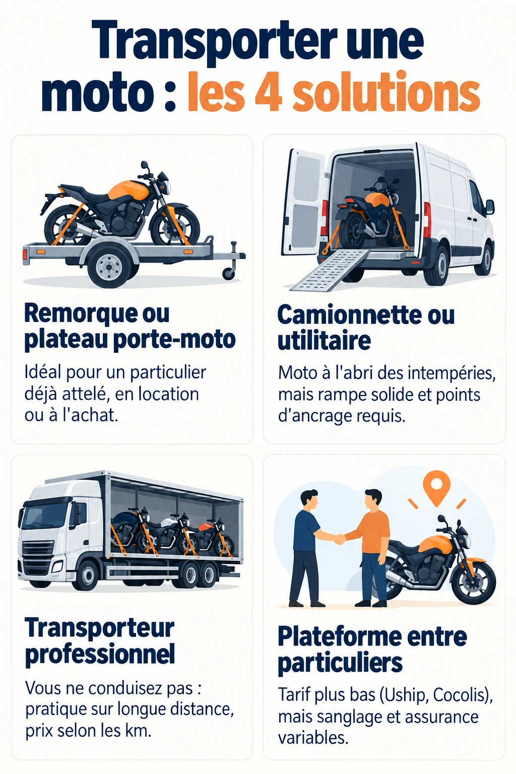 Transporter une moto : les 4 solutions : Remorque ou plateau porte-moto, Camionnette ou utilitaire, Transporteur professionnel, Plateforme entre particuliers