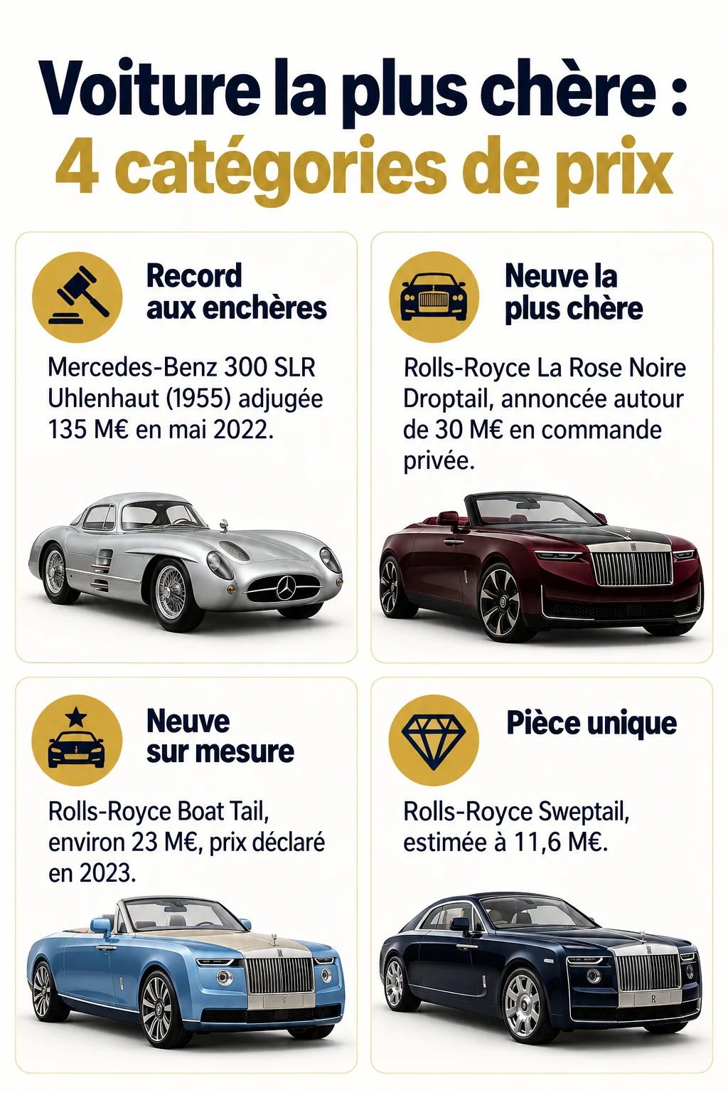 Voiture la plus chère : 4 catégories de prix : Record aux enchères, Neuve la plus chère, Neuve sur mesure, Pièce unique