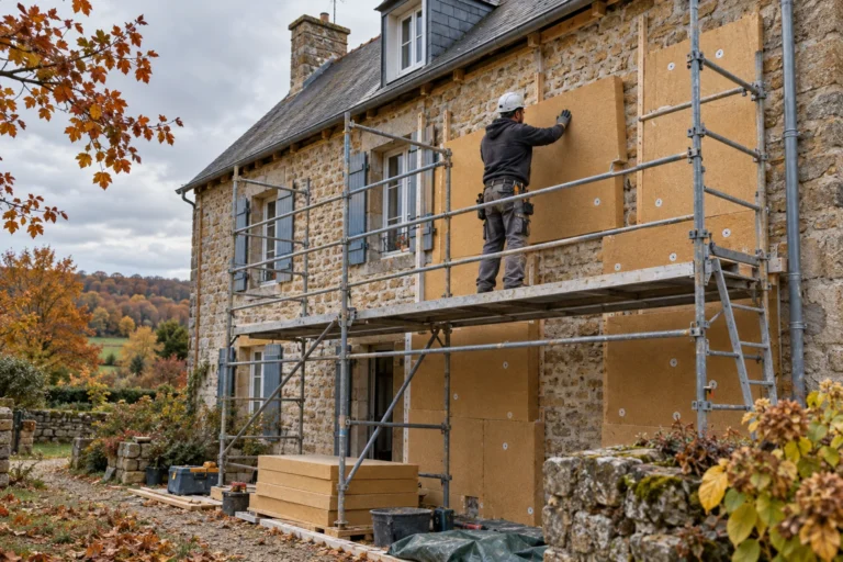 Artisan posant un isolant sur la façade d'une maison ancienne en pierre