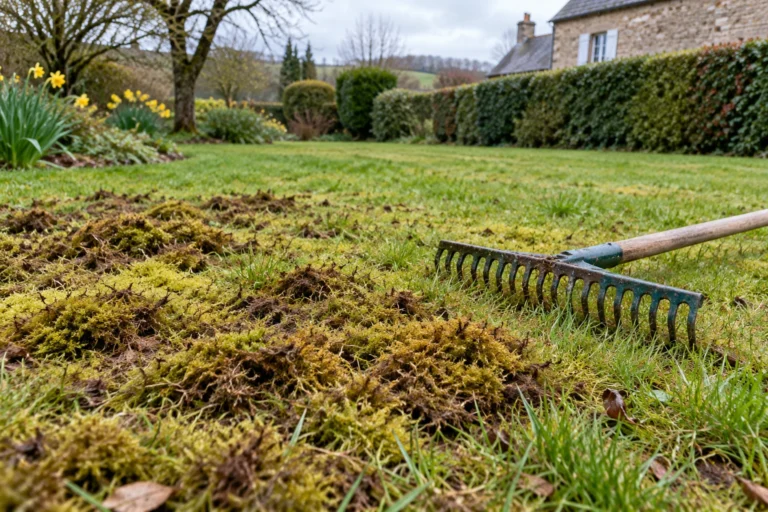 Pelouse avec plaques de mousse brunie et râteau à gazon posé sur l'herbe au printemps