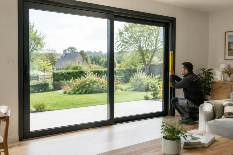 Artisan contrôlant la pose d'une baie vitrée coulissante en aluminium dans un salon donnant sur le jardin