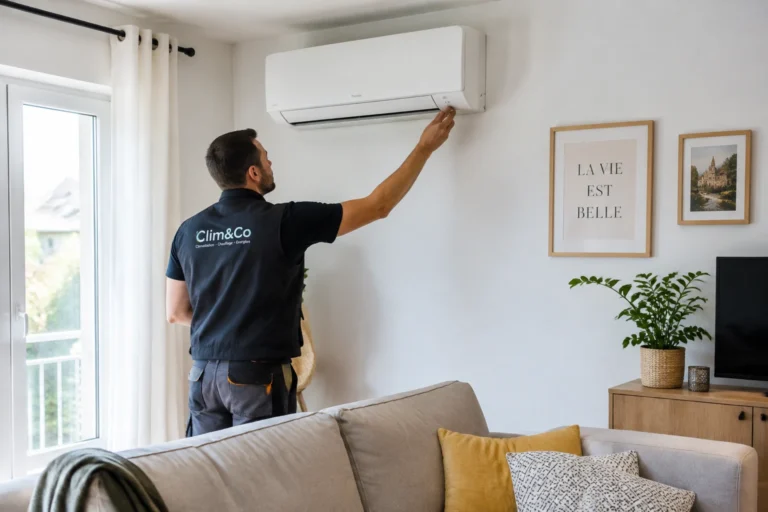 Installateur réglant une unité intérieure de clim réversible murale dans un salon lumineux