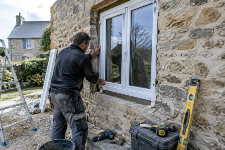 Artisan posant une fenêtre PVC double vitrage dans une maison en pierre