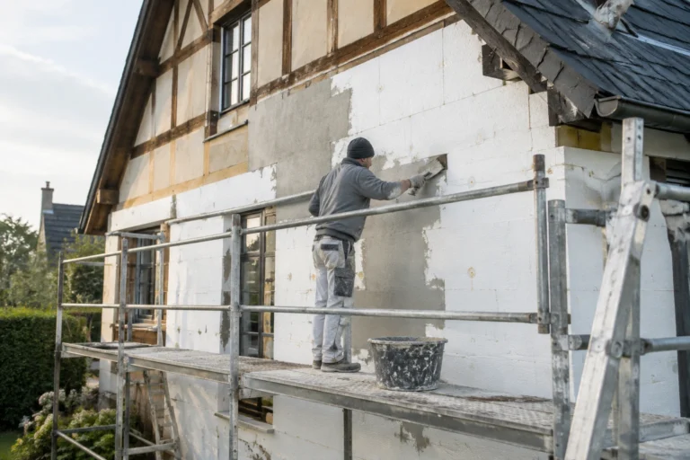 Artisan posant des plaques d'isolant sur la façade d'une maison avec échafaudage