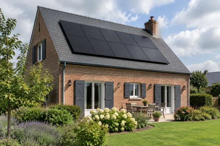 Maison individuelle avec huit panneaux solaires installés sur le toit orienté sud
